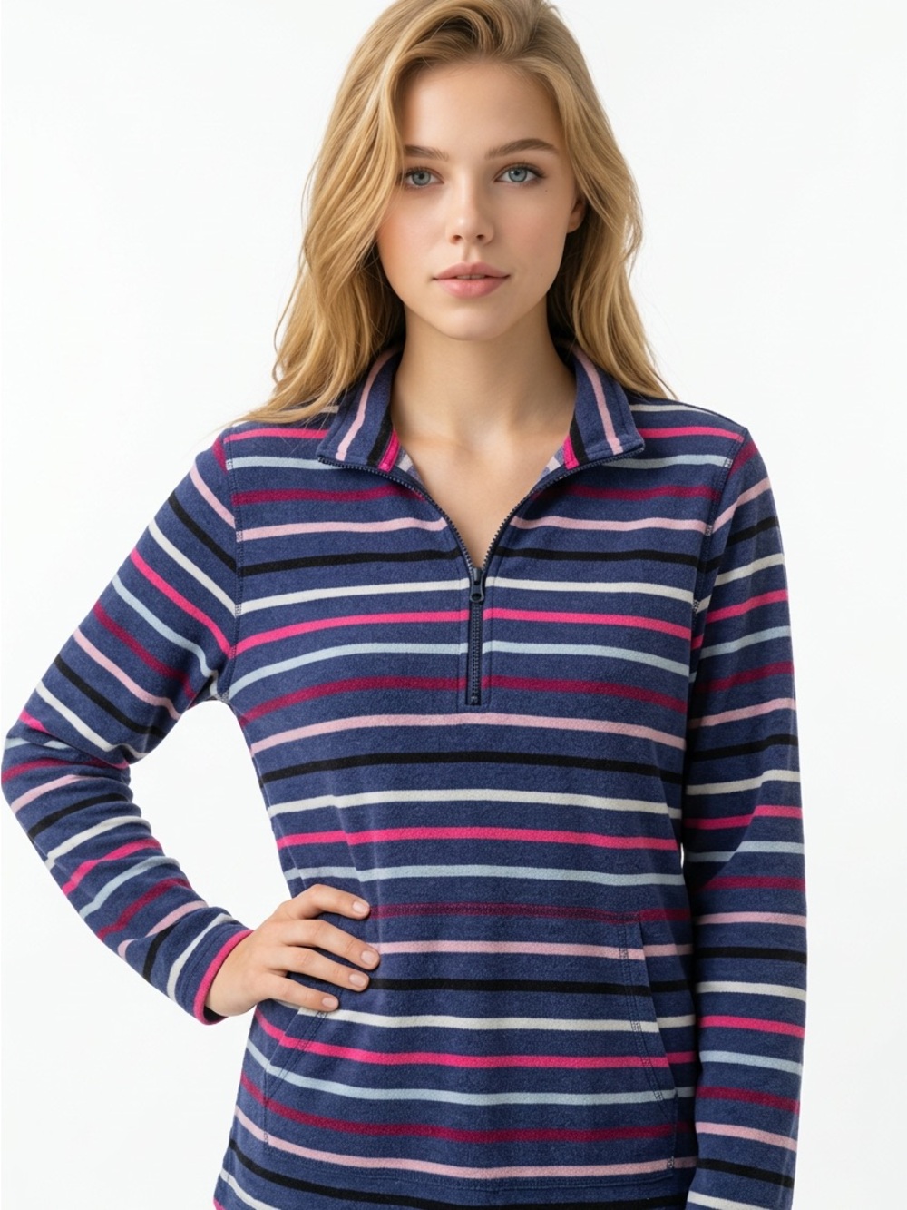 J. Jill 1X Navy and Pink Wearever Long Sleeve Striped Top